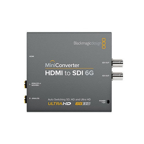 Blackmagic Design Mini Converter HDMI to SDI 6G top panel with HDMI, analog audio and SDI out markings