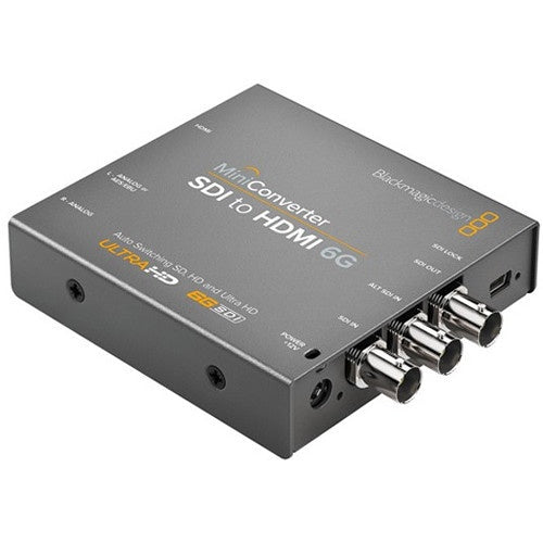 Blackmagic Design Mini Converter SDI to HDMI 6G angled view showing BNC connectors and HDMI output