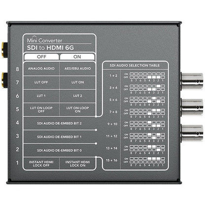 Underside label of Mini Converter SDI to HDMI 6G with switch settings and SDI audio selection table
