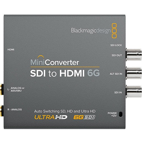 Blackmagic Design Mini Converter SDI to HDMI 6G top view with labeled SDI, HDMI and analog audio ports