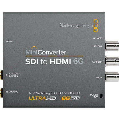 Blackmagic Design Mini Converter SDI to HDMI 6G top view with labeled SDI, HDMI and analog audio ports