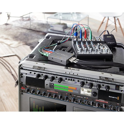 Blackmagic Design mini converter cabled on top of a rack case with mixer and outboard audio gear