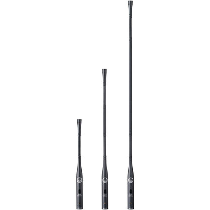 AKG GN15 ESP gooseneck microphone modules shown in three lengths side by side with mute buttons