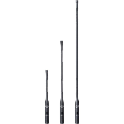 AKG GN50 ESP black gooseneck microphone module shown beside shorter lengths for size comparison