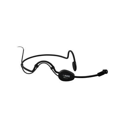 AKG HC644 head-worn microphone in black, side view showing neckband, ear pad, and thin boom arm