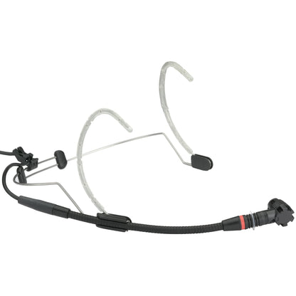 AKG C-555L headworn microphone with clear wire headband, flexible black gooseneck boom and red band
