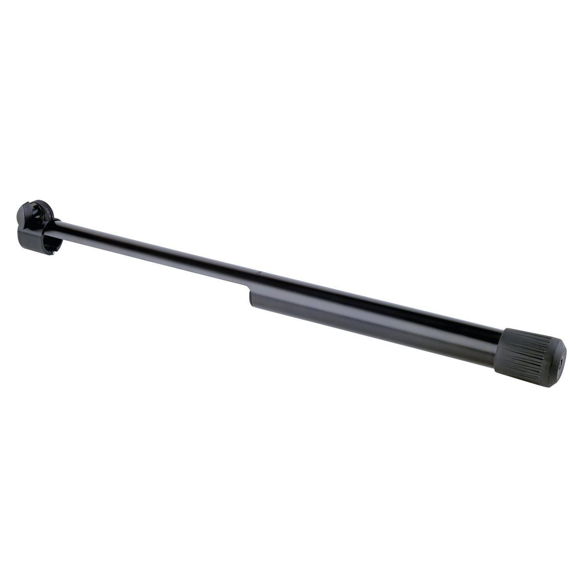 21445 leveling leg angled view showing black telescoping tube, clamp bracket at one end and ribbed rubber foot at the other, K&M