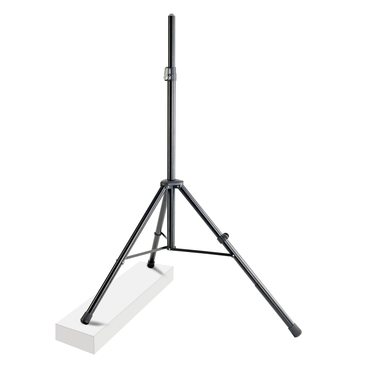 21445 leveling leg application on tripod speaker stand with one leg resting on a raised white block to level the stand, K&M
