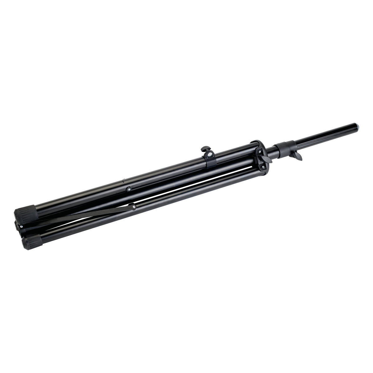 Black K&M tripod speaker stand folded down with legs closed and top tube extended, shown as the stand the 21445 leveling leg fits, K&M