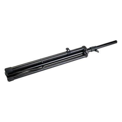 Black K&M tripod speaker stand folded down with legs closed and top tube extended, shown as the stand the 21445 leveling leg fits, K&M