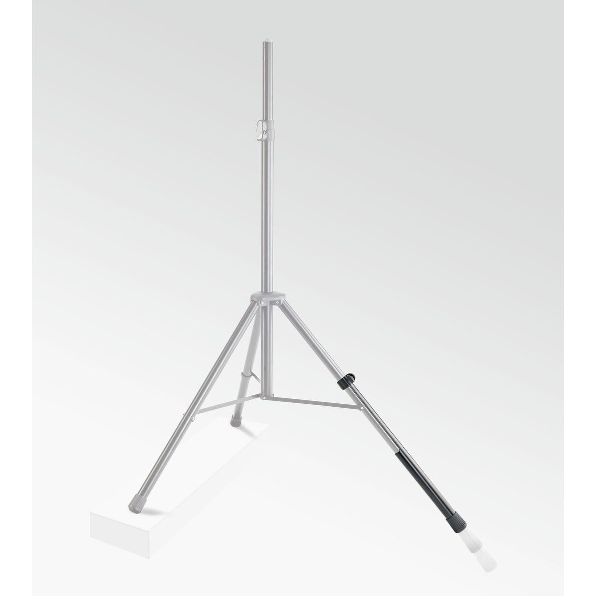 21445 leveling leg fitted to the right leg of a greyed-out tripod speaker stand, showing the leg extended beyond its normal length, K&M