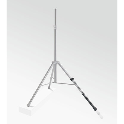 21445 leveling leg fitted to the right leg of a greyed-out tripod speaker stand, showing the leg extended beyond its normal length, K&M