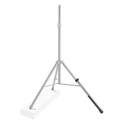 21445 leveling leg highlighted on one leg of a tripod speaker stand with the other leg on a raised block, K&M
