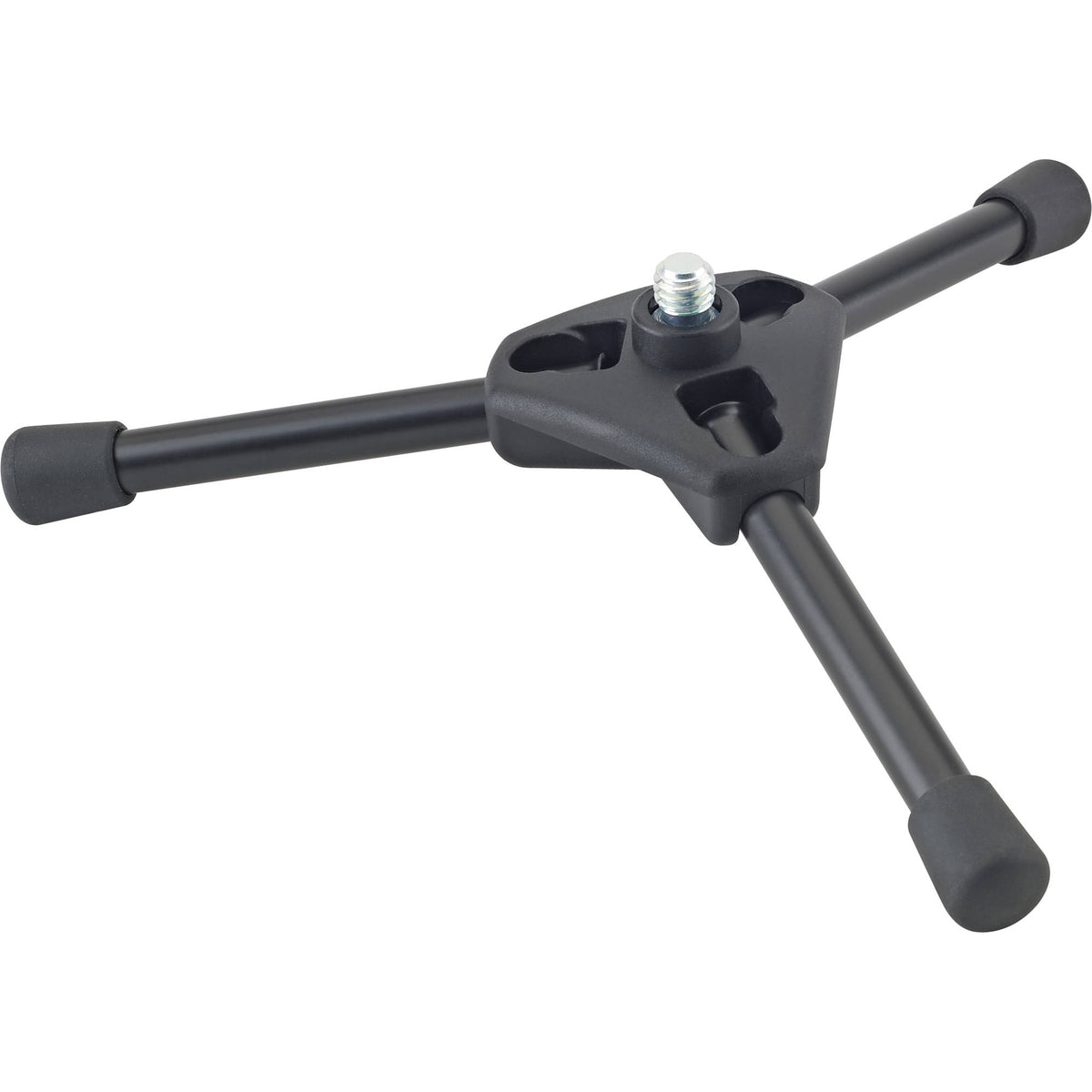 KM 23110.516.55 tripod microphone stand base angled view showing black steel legs with rubber feet and zinc-plated 3/8-inch threaded stud, K&M