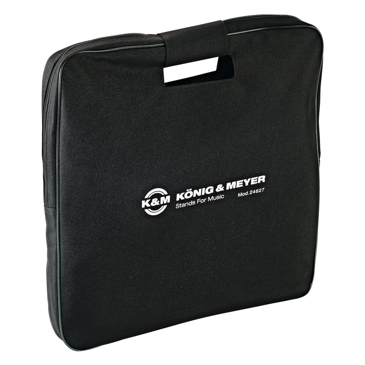 246 Series base plate carrying case, size L 560 x 560 mm, front three-quarter view in black nylon with cut-out carry handle and white König & Meyer Mod. 24627 logo, K&M