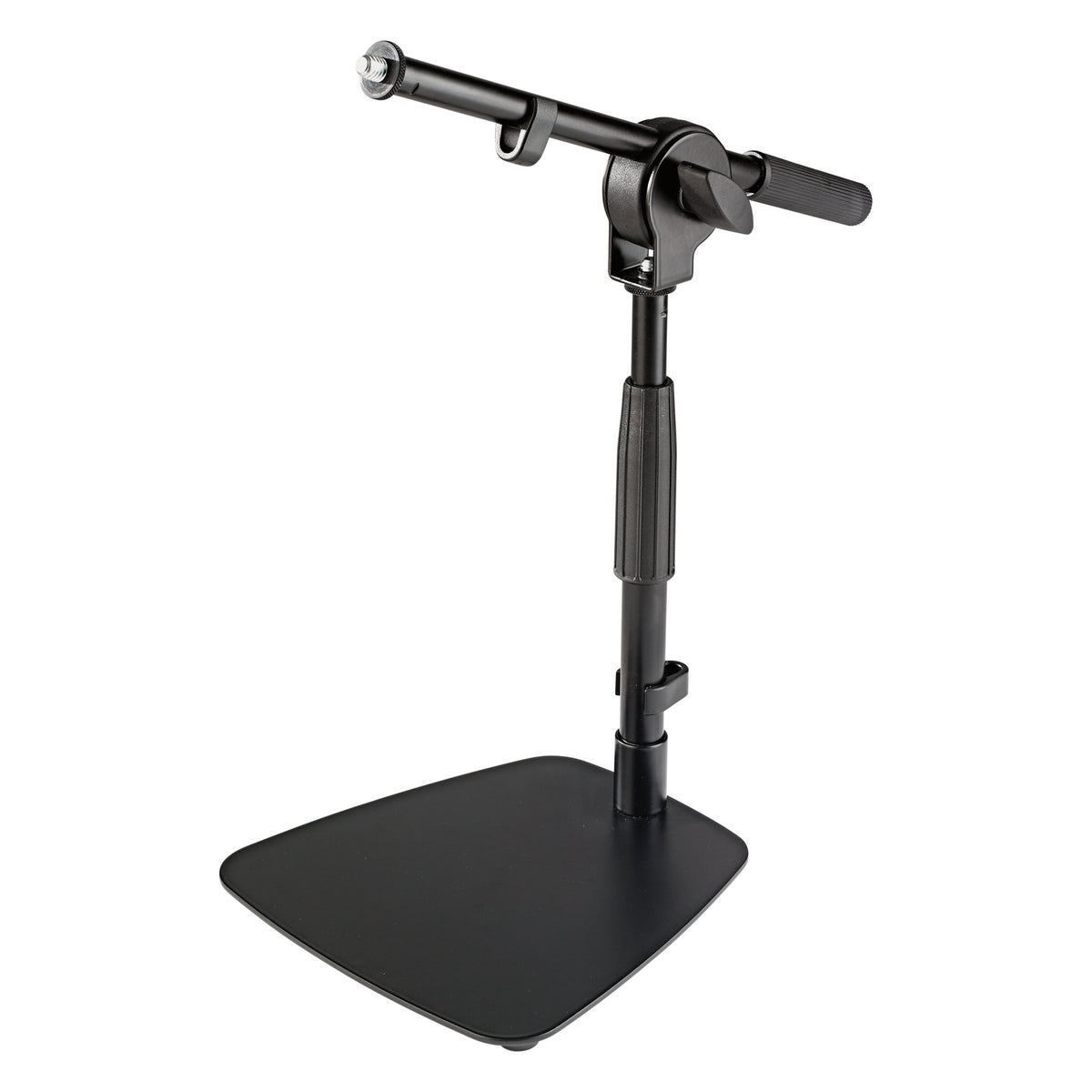 25995 table and floor microphone stand three-quarter view with telescoping boom arm, 5/8 inch threaded mic mount and flat black steel base, K&M