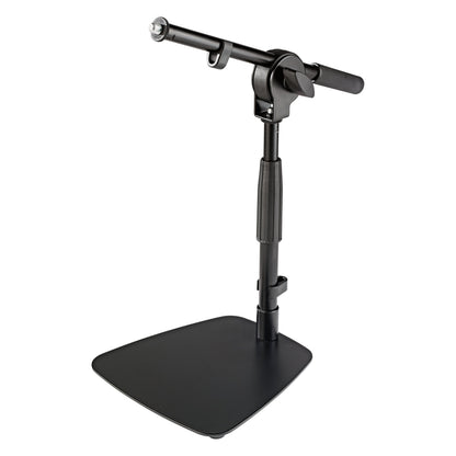 25995 table and floor microphone stand three-quarter view with telescoping boom arm, 5/8 inch threaded mic mount and flat black steel base, K&M