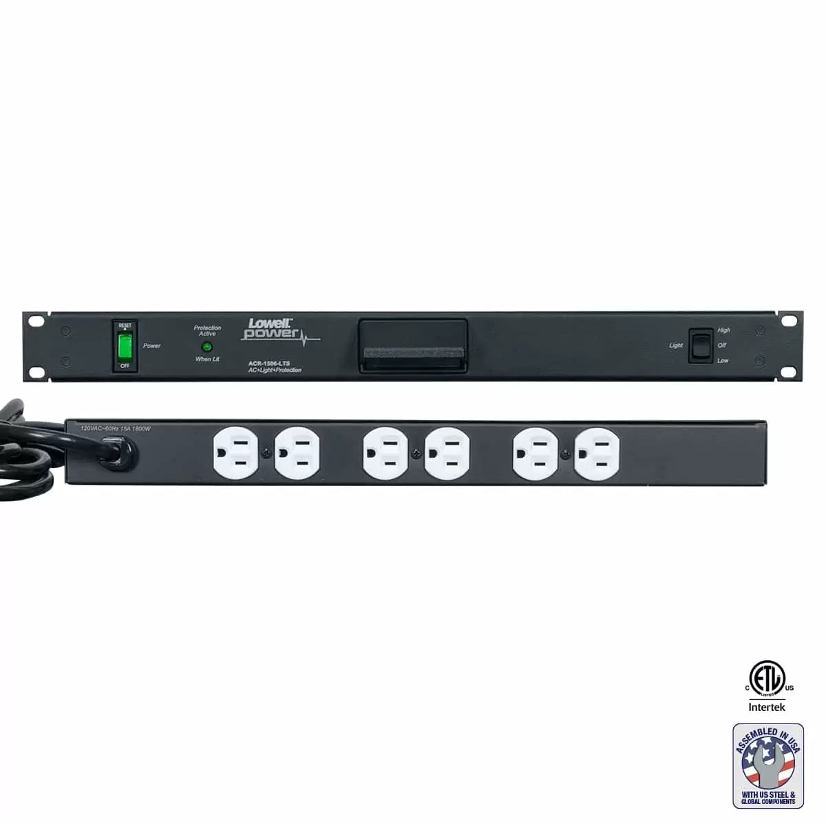Lowell Rackmount Power Distribution Unit 1U AC Power Strip | 6 Outlets | 15A | Hooded Light, Surge Suppression