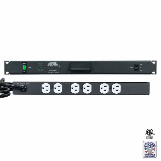 Lowell Rackmount Power Distribution Unit 1U AC Power Strip | 6 Outlets | 15A | Hooded Light, Surge Suppression
