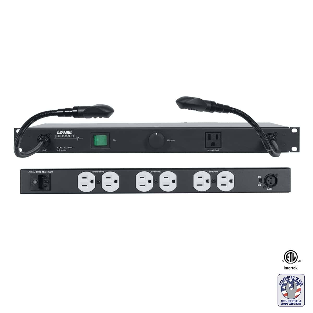 Lowell Rackmount Power Distribution Unit 1U AC Power Strip | 7 Outlets | 15A | Gooseneck Lights