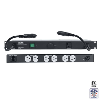 Lowell Rackmount Power Distribution Unit 1U AC Power Strip | 7 Outlets | 15A | Gooseneck Lights