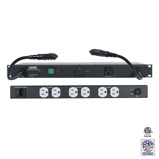 Lowell Rackmount Power Distribution Unit 1U AC Power Strip | 7 Outlets | 15A | Gooseneck Lights