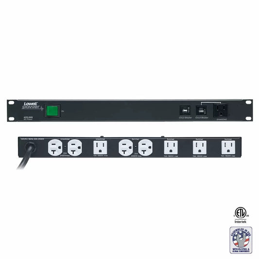 Lowell Rackmount Power Distribution Unit 1U AC Power Strip | 9 Outlets | 20A | Dual Circuit Breakers