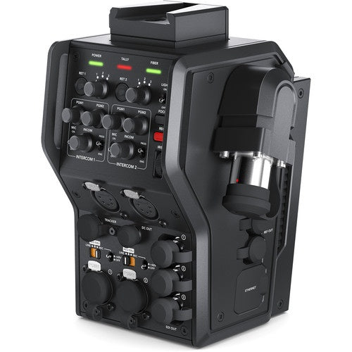Blackmagic Design Camera Fiber Converter angled view showing intercom controls, XLR jacks, and fiber connector
