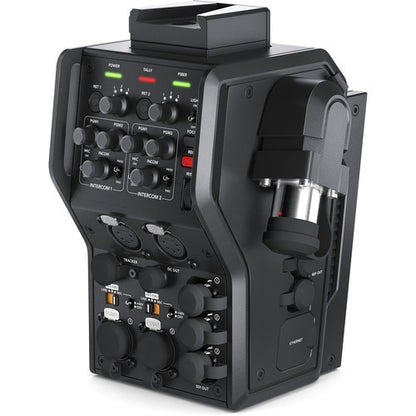 Blackmagic Design Camera Fiber Converter angled view showing intercom controls, XLR jacks, and fiber connector