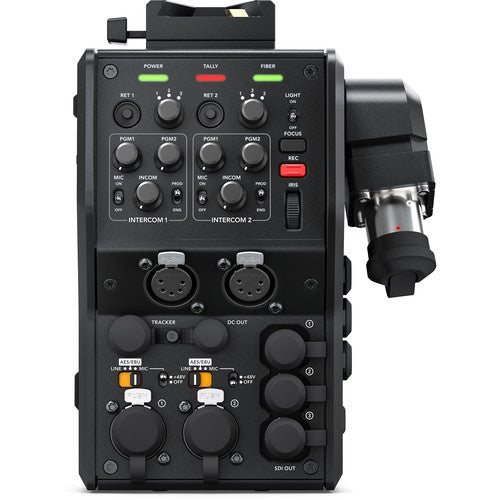 Blackmagic Design Camera Fiber Converter rear panel with power, tally, and fiber status LEDs and dual intercom sections