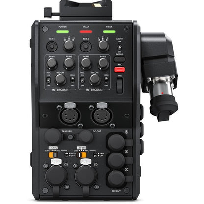 Blackmagic Design Camera Fiber Converter rear panel with power, tally, and fiber status LEDs and dual intercom sections