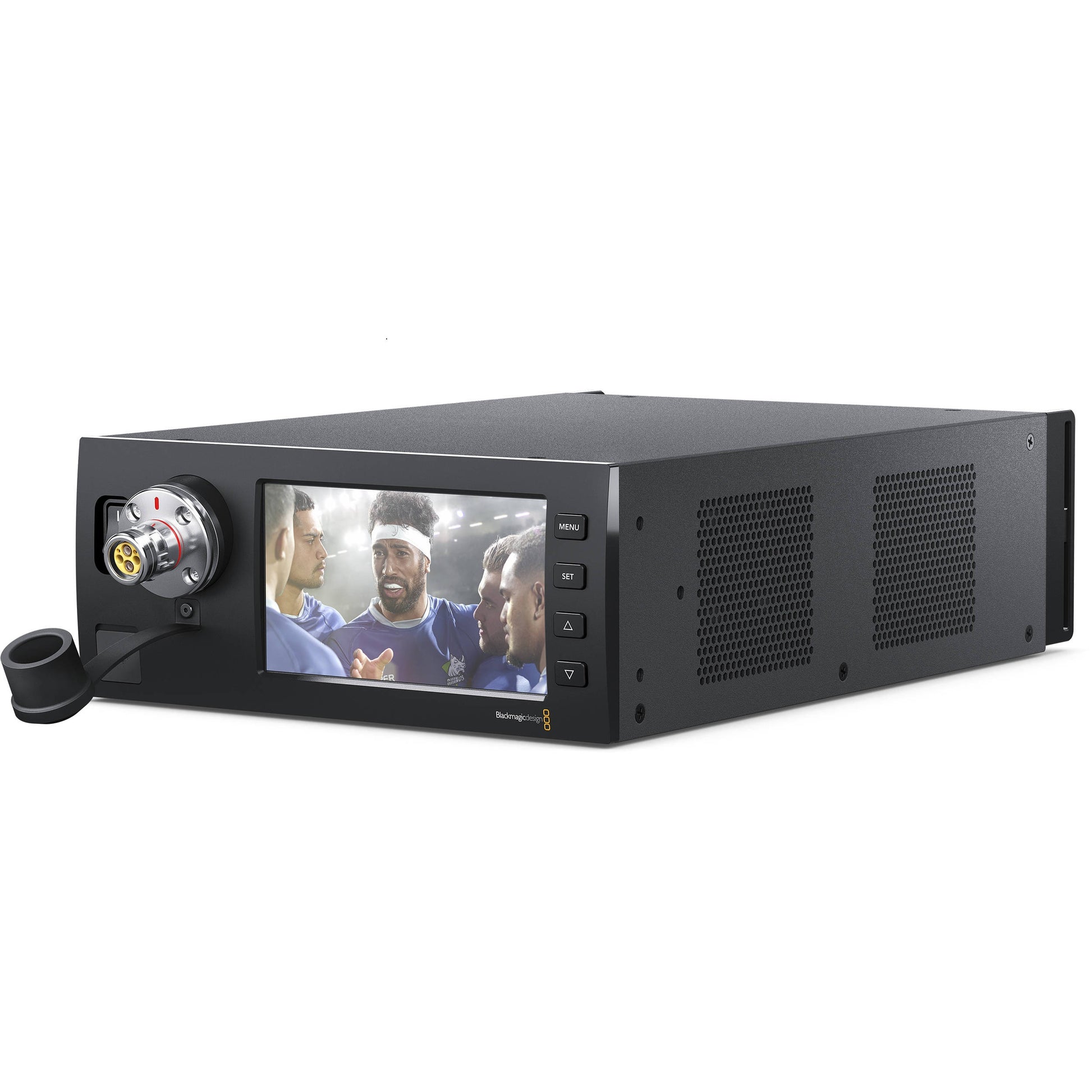 Blackmagic Design Studio Fiber Converter angled view with LCD preview screen and side vents