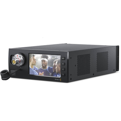 Blackmagic Design Studio Fiber Converter angled view with LCD preview screen and side vents
