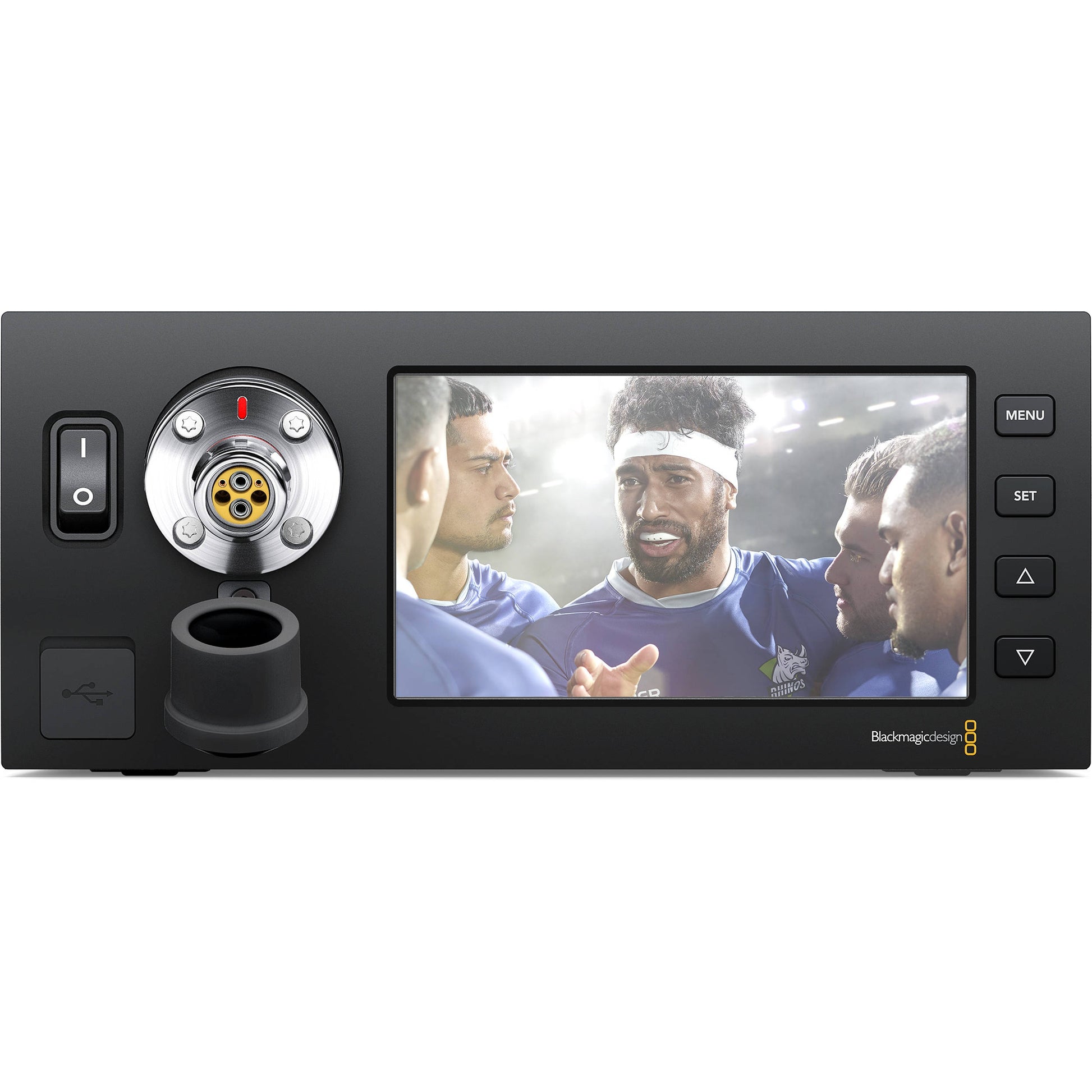 Blackmagic Design Studio Fiber Converter front panel with fiber connector, power switch, and menu buttons