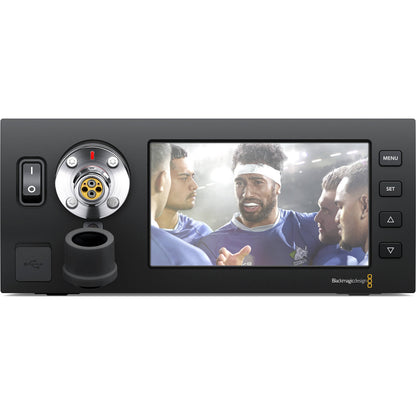 Blackmagic Design Studio Fiber Converter front panel with fiber connector, power switch, and menu buttons