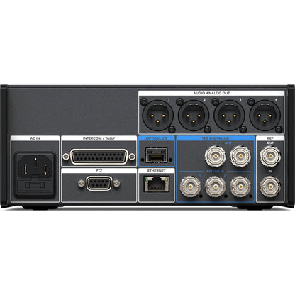 Blackmagic Design Studio Fiber Converter rear panel with XLR audio outs, BNC 12G digital I/O, and Ethernet