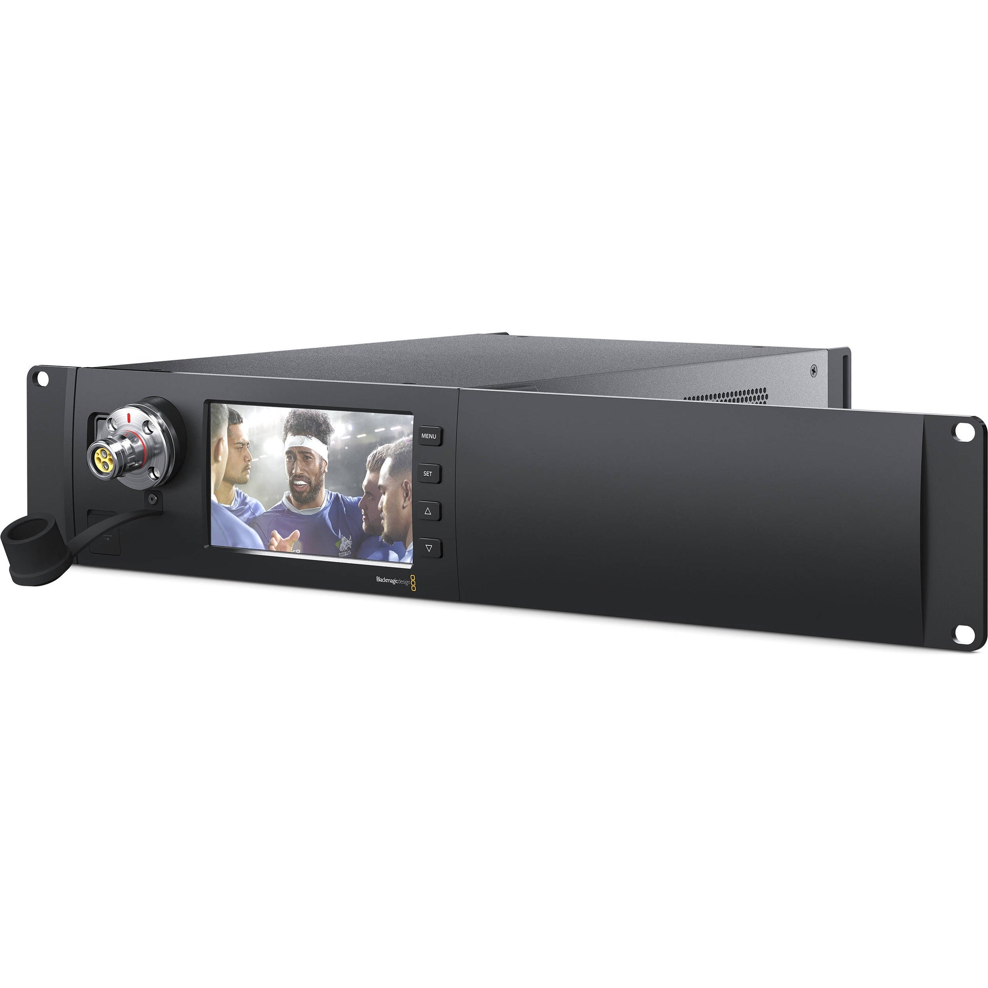 Blackmagic Design Studio Fiber Rack Kit angled front view with LCD preview, menu buttons, and fiber connector