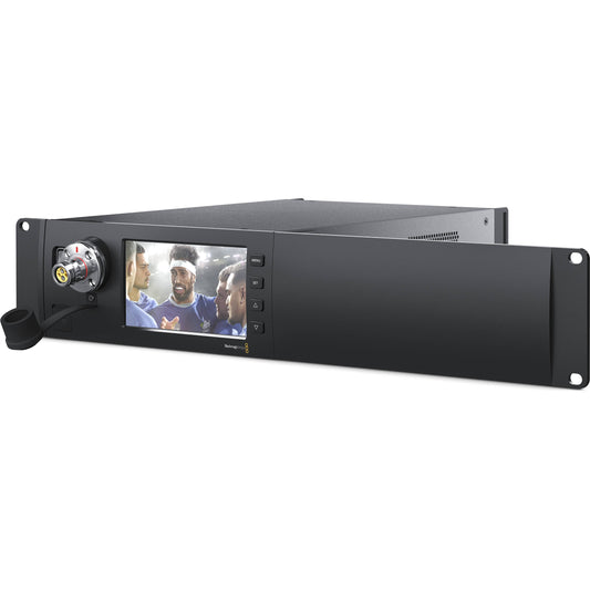 Blackmagic Design Studio Fiber Rack Kit angled front view with LCD preview, menu buttons, and fiber connector