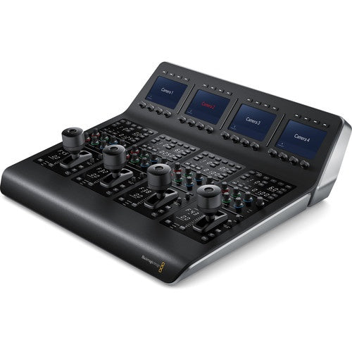 Blackmagic Design ATEM Camera Control Panel angled view with four joystick CCU strips and LCD displays