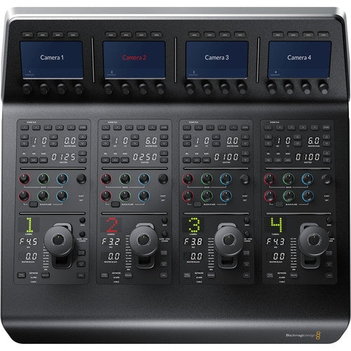 Blackmagic Design ATEM Camera Control Panel top-down view of Camera 1 through 4 controls and iris joysticks