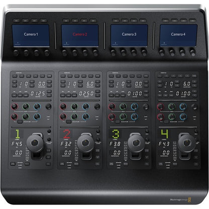 Blackmagic Design ATEM Camera Control Panel top-down view of Camera 1 through 4 controls and iris joysticks