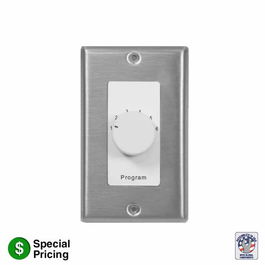 Lowell CS6 Program Selector Switch 6-Source Rotary Wall Switch | Decorator | Stainless Steel with White Sub-plate