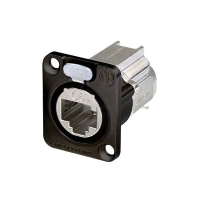 Neutrik NE8FDX-Y6-B etherCON CAT6A receptacle with black D-series flange and shielded RJ45 jack, angled view