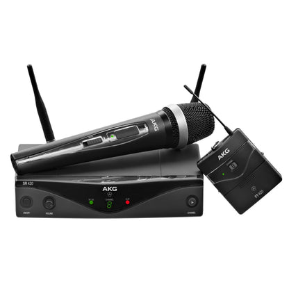 AKG WMS420 wireless microphone system with SR 420 receiver, handheld transmitter and PT 420 bodypack