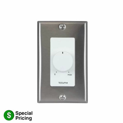 Lowell 100W Mono Volume Control With Decorator Wall Plate | Without Bypass | Stainless Steel & White