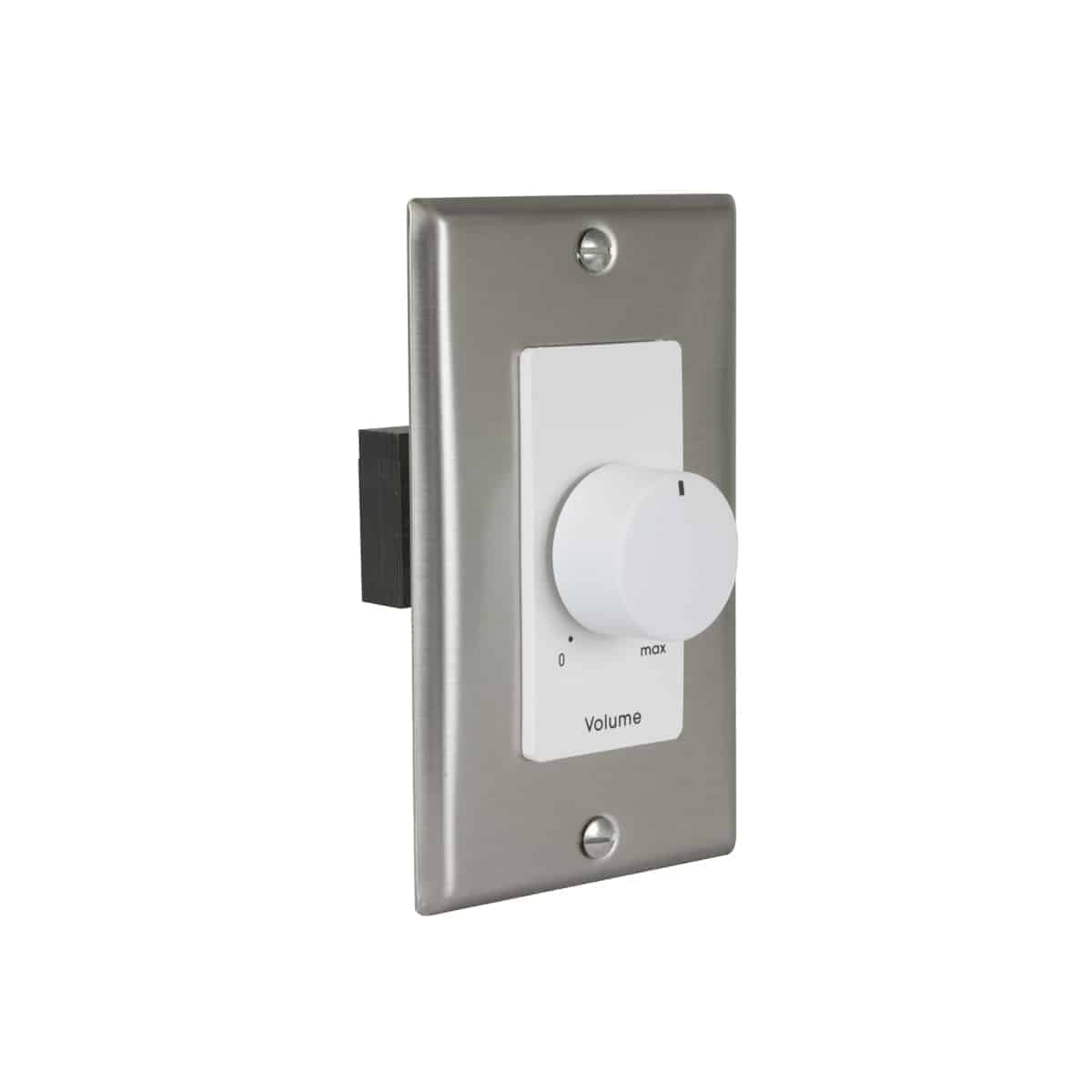 Lowell 100W Mono Volume Control With Decorator Wall Plate | Without Bypass | Stainless Steel & White