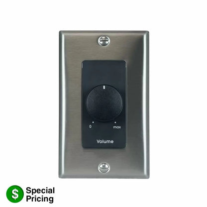 Lowell 25W Mono Volume Control With Decorator Wall Plate | Stainless Steel & Black