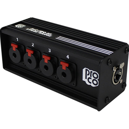 ProCo Sound 4XF-SR AOC Stage Range box, angled view of four numbered female XLR inputs and side RJ45 jack
