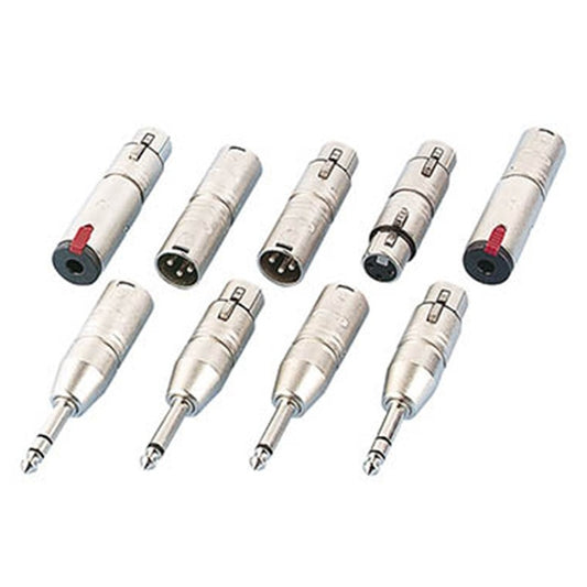 RapcoHorizon adaptor connectors group shot with nickel XLR and 1/4" barrel adapters