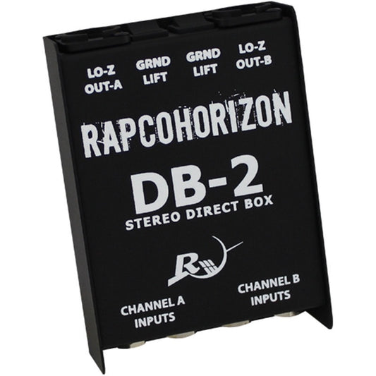 RapcoHorizon DB-2 stereo direct box angled view showing labeled top panel and channel A and B inputs